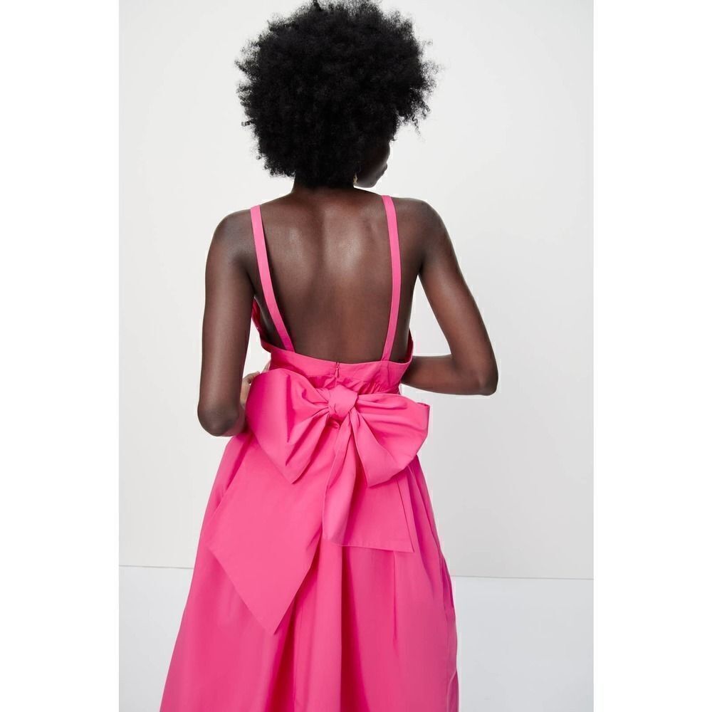Zara Bow Pink Midi Dress Deep Plunge Poplin New Barbiecore Barbie - Picture 12 of 16